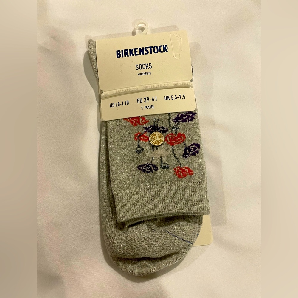 Birkenstock Women’s Crew Socks Size 8-10 Silver Purple Orange Floral 1 pair NIP